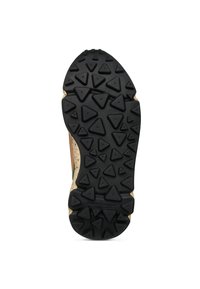 Sole di scarpe in gomma nera con motivi triangolari testurizzati, accenti beige e strisce verdi lungo i lati per aderenza e stabilità.
