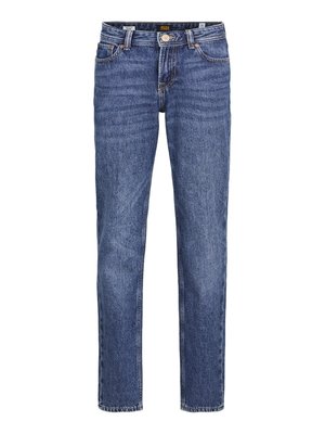 Jeans en denim bleu foncé, coupe droite, design à cinq poches, avec une fermeture éclair et un bouton en métal. Coutures visibles sur l'ensemble.