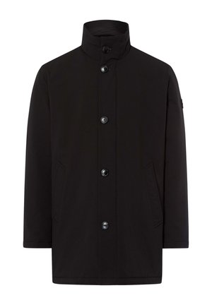 Cappotto nero impermeabile con colletto alto, chiusura frontale a bottoni e due tasche laterali. Presenta una linea dritta e una texture liscia.