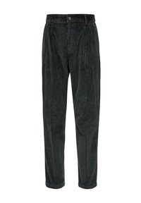 Pantalon en velours côtelé gris foncé avec taille haute, ceinture élastique, fermeture à bouton et jambes fuselées avec revers.