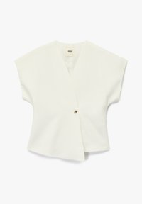 Weißes, kurzärmliges Wickeltop aus glattem Stoff mit einer Knopfverschluss vorne und einem klaren, minimalistischen Design.