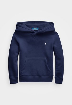 Sudadera con capucha azul marino hecha de mezcla de algodón. Presenta un bolsillo frontal, puños acanalados y un pequeño logo en el pecho. Textura suave.