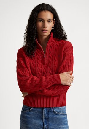CABLE-KNIT COTTON QUARTER-ZIP SWEATER - Pulover - brick