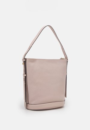 Pink leather handbag with a textured finish, rectangular shape, and a single shoulder strap. Features a zipper closure and contrasting edges.