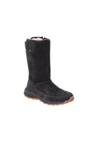Bottes noires en daim jusqu'au genou avec doublure en fourrure, semelle en caoutchouc et détails de bride de cheville pour un maintien sécurisé. Présente une finition texturée et un bout rond.