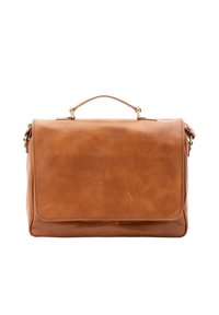 Valigia in pelle marrone con design strutturato, maniglia superiore e chiusura anteriore a patta, con leggera texture e dettagli in metallo dorato.