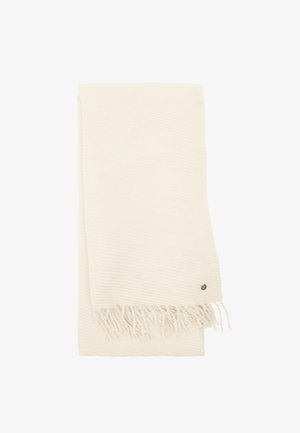 Kremowy szal pleciony z rypsowym wzorem i frędzlami na brzegach, z małym metalowym logo na jednej stronie.