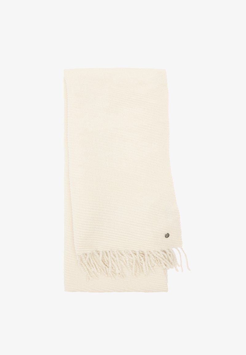 Kremowy szal pleciony z rypsowym wzorem i frędzlami na brzegach, z małym metalowym logo na jednej stronie.