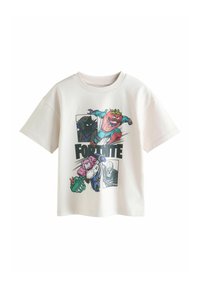 Light-colored cotton t-shirt featuring a graphic print of stylized characters and the word "FORNITE" in bold black text. Short sleeves.