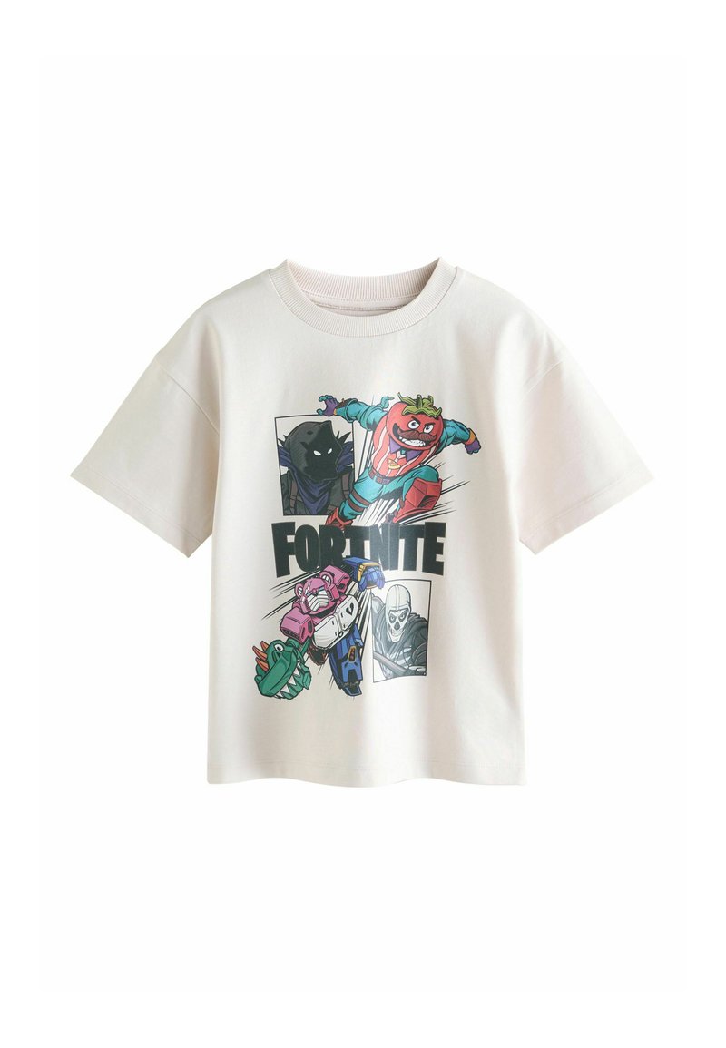 Light-colored cotton t-shirt featuring a graphic print of stylized characters and the word "FORNITE" in bold black text. Short sleeves.