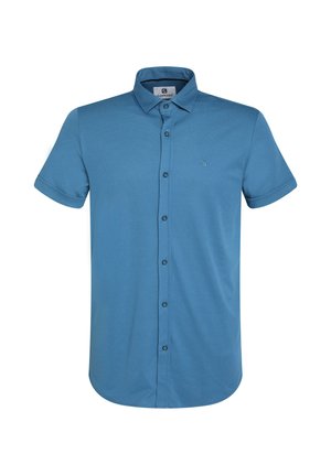 Kurzärmliges Hemd in Hellblau mit strukturiertem Muster, ausgestattet mit einem klassischen Kragen, sieben Knöpfen und einem kleinen Logo auf der Brust.