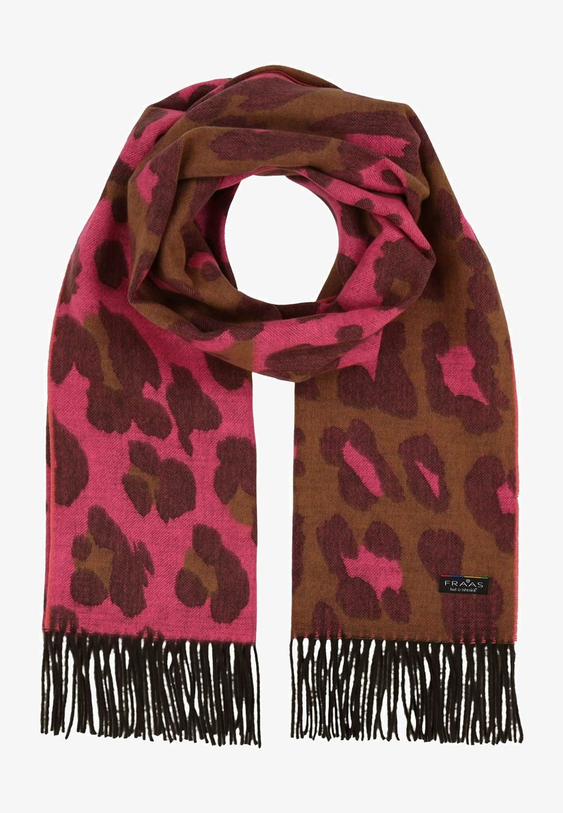 Šal s leopard uzorkom u ružičastoj i smeškastoj boji, izrađen od mekog materijala, s tamnosmeškastim resicama duž ivica.