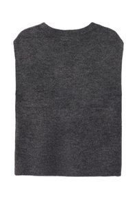 Grå ullgenser, enkel design, rund hals, korte ermer, myk tekstur, uten pynt, rektangulær form, bakfra.