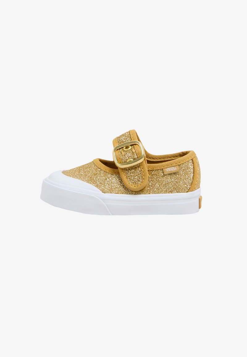 Chaussure enfant Mary Jane à paillettes dorées avec bride à boucle dorée et semelle en caoutchouc blanche, vue de côté.