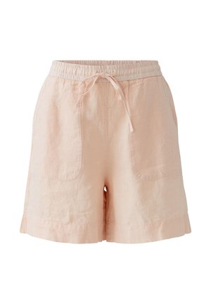 Lichtroze casual korte broek met elastische tailleband, trekkoord en twee opgestikte zakken aan de voorkant, gemaakt van zachte stof.