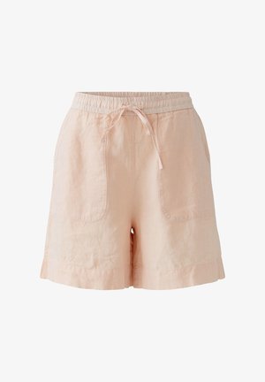 Shorts décontractés rose clair avec taille élastique, cordon de serrage et deux poches plaquées à l'avant, en tissu doux.