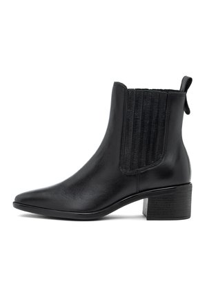 Stivale alla caviglia in pelle nera con pannelli laterali elasticizzati, punta affusolata e tacco basso a blocco. Texture liscia e design elegante e minimalista.