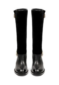 Black knee-high boots featuring a smooth leather toe, suede shaft, and gold-tone hardware accents on the side. Flat sole design.