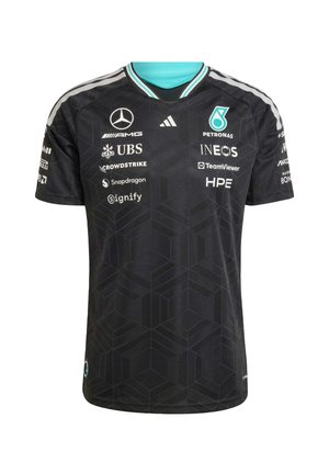 Černý sportovní dres s geometrickým vzorem, tyrkysovými akcenty na límci a různými logy sponzorů tištěnými na tkanině.