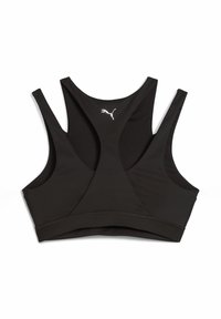 Sujetador deportivo negro con un diseño de espalda nadadora, hecho de una tela suave. Presenta un sutil logo de Puma en plata en el frente.