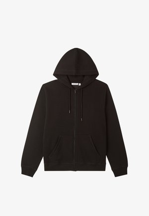 Czarna rozpinana bluza z kapturem, z kieszeniami z przodu, sznurkiem do regulacji kaptura oraz ściągaczami na rękawach, leżąca płasko na białym tle.