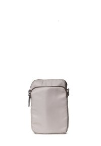 Borsa a tracolla di tessuto grigio chiaro con chiusura con zip, texture liscia e rifiniture scure a contrasto lungo i bordi. Presenta una tasca frontale.
