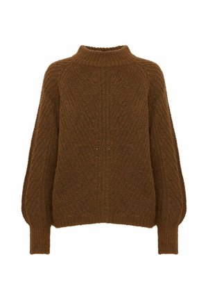 Pull en laine marron avec une finition texturée, col montant et épaules tombantes. Présente des poignets et un ourlet côtelés pour un ajustement snug.