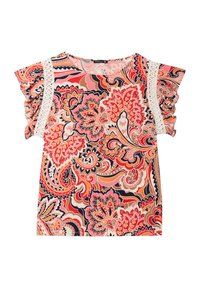 Bloemmotief top met ruffles aan de mouwen, voornamelijk in roze en rode tinten met accenten van marineblauw en witte kantafwerking langs de zijkanten.