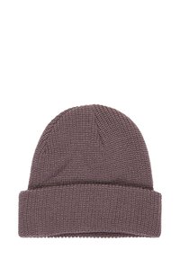 Berretto lavorato a maglia in mauve scuro, con risvolto e motivo testurizzato. Realizzato in filato morbido, adatto per il freddo.