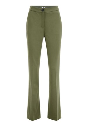 Olive green flared pants made of smooth fabric, featuring a button closure, front pockets, and a tailored waistband design.
