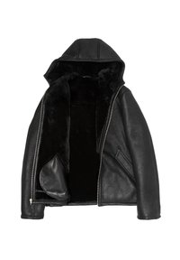 Schwarze Lederjacke mit Kapuze, Reißverschluss und weichem Kunstpelzfutter. Verfügt über Seitentaschen und eine glatte Textur.