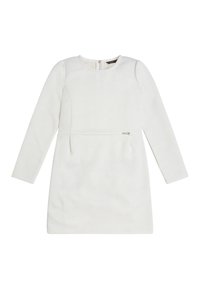 Biała sukienka z długim rękawem z fakturowanej tkaniny, z okrągłym dekoltem i zamkiem błyskawicznym z tyłu. Posiada subtelny wzór w kropki i dekoracyjne elementy.
