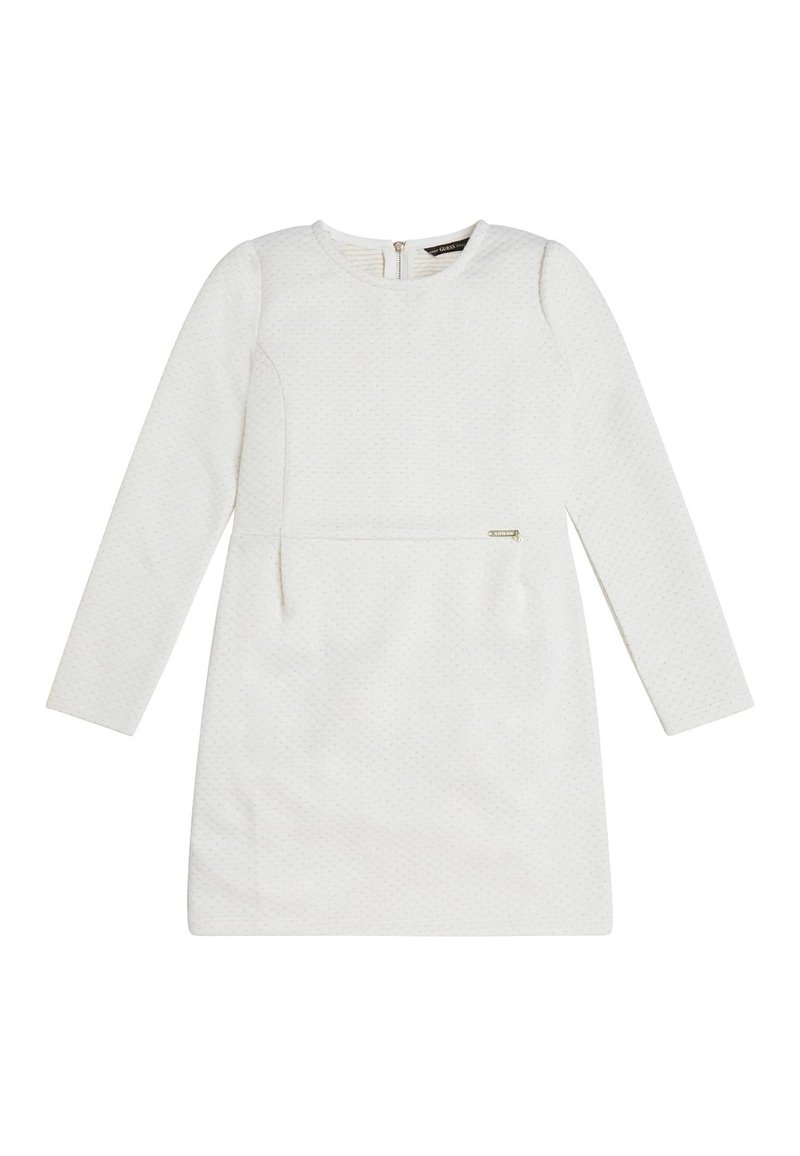 Biała sukienka z długim rękawem z fakturowanej tkaniny, z okrągłym dekoltem i zamkiem błyskawicznym z tyłu. Posiada subtelny wzór w kropki i dekoracyjne elementy.