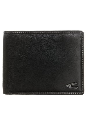 Black leather bifold wallet with visible stitching and a small metallic logo in the bottom right corner.