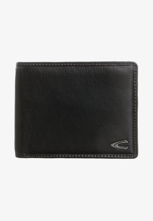 Schwarzes Lederbifold-Portemonnaie mit sichtbaren Nähten und einem kleinen metallischen Logo in der unteren rechten Ecke.