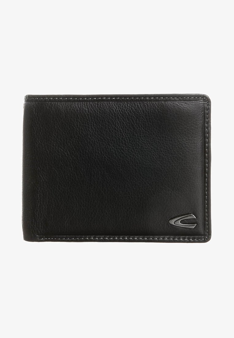 Sort læder bifold pung med synlige sting og et lille metal logo i nederste højre hjørne.