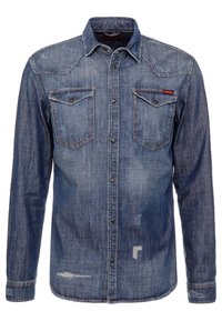 Camicia in denim con maniche lunghe, lavaggio blu, chiusura frontale con bottoni, due tasche sul petto e dettagli sbiaditi e accenti di cucitura distintivi.