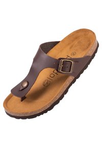Sandalo in pelle marrone con suola in sughero e suola in gomma testurizzata. Presenta una fibbia in metallo e un elemento circolare sulla cinghia.