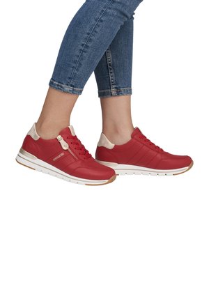 Red leather sneakers with beige accents, perforated design, and white sole featuring a gold stripe. Includes a zipper detail on the side.
