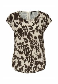 Top corto a maniche corte marrone e beige con un design a fantasia che ricorda le macchie degli animali. Presenta un collo rotondo e una chiusura con zip sul retro.