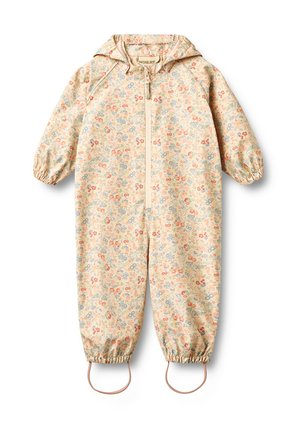 Kinder-Overall mit Kapuze, langen Ärmeln, Reißverschluss vorne, elastischen Bündchen, Blumenmuster in Pastellfarben und Fußriemen.