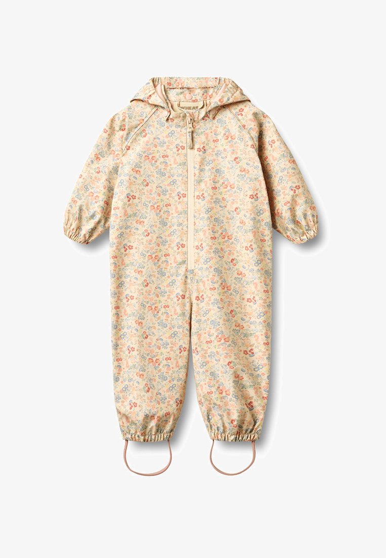 Kinderoverslagpak met capuchon, lange mouwen, rits aan de voorkant, elastische manchetten, bloemmotief in pasteltinten en voetbanden.