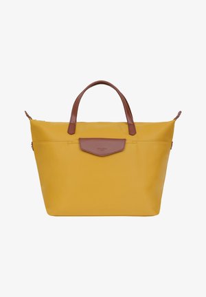 Yellow nylon tote bag with brown leather handles and a front flap closure, featuring a sleek, structured design and minimal detailing.