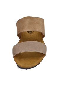 Brown suede slide sandal with two wide straps and a contoured footbed; flat sole and natural texture.