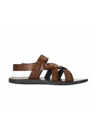 Brown leather sandal with multiple crisscross straps, open toe, and a flat black outsole. Smooth texture with minimal hardware details.