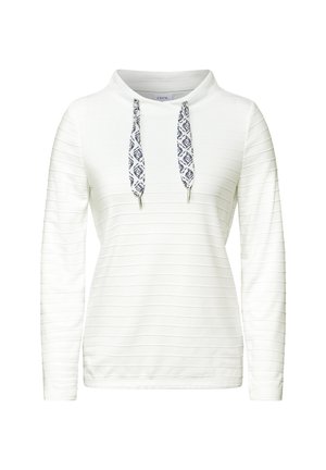 Sweat à manches longues blanc avec texture côtelée horizontale et capuche. Présente des liens de serrage à motif avec des embouts métalliques.