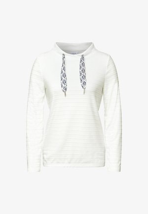 Felpa bianca a maniche lunghe con texture a righe orizzontali e cappuccio. Presenta lacci decorati con estremità metalliche.