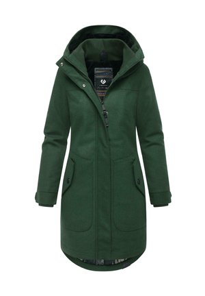 Green wool blend long coat with a hood, front zipper, two flap pockets, and a patterned lining. Features a slightly curved hem.
