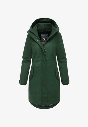 Grüner Wollmischung langer Mantel mit Kapuze, Frontreißverschluss, zwei Klapptaschen und einem gemusterten Futter. Mit einem leicht abgerundeten Saum.