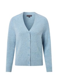 Lichtblauwe cardigan gemaakt van zacht materiaal, met een V-hals, knoopsluiting aan de voorkant, geribbelde manchetten en zoom. Glad textuur met een subtiel patroon.